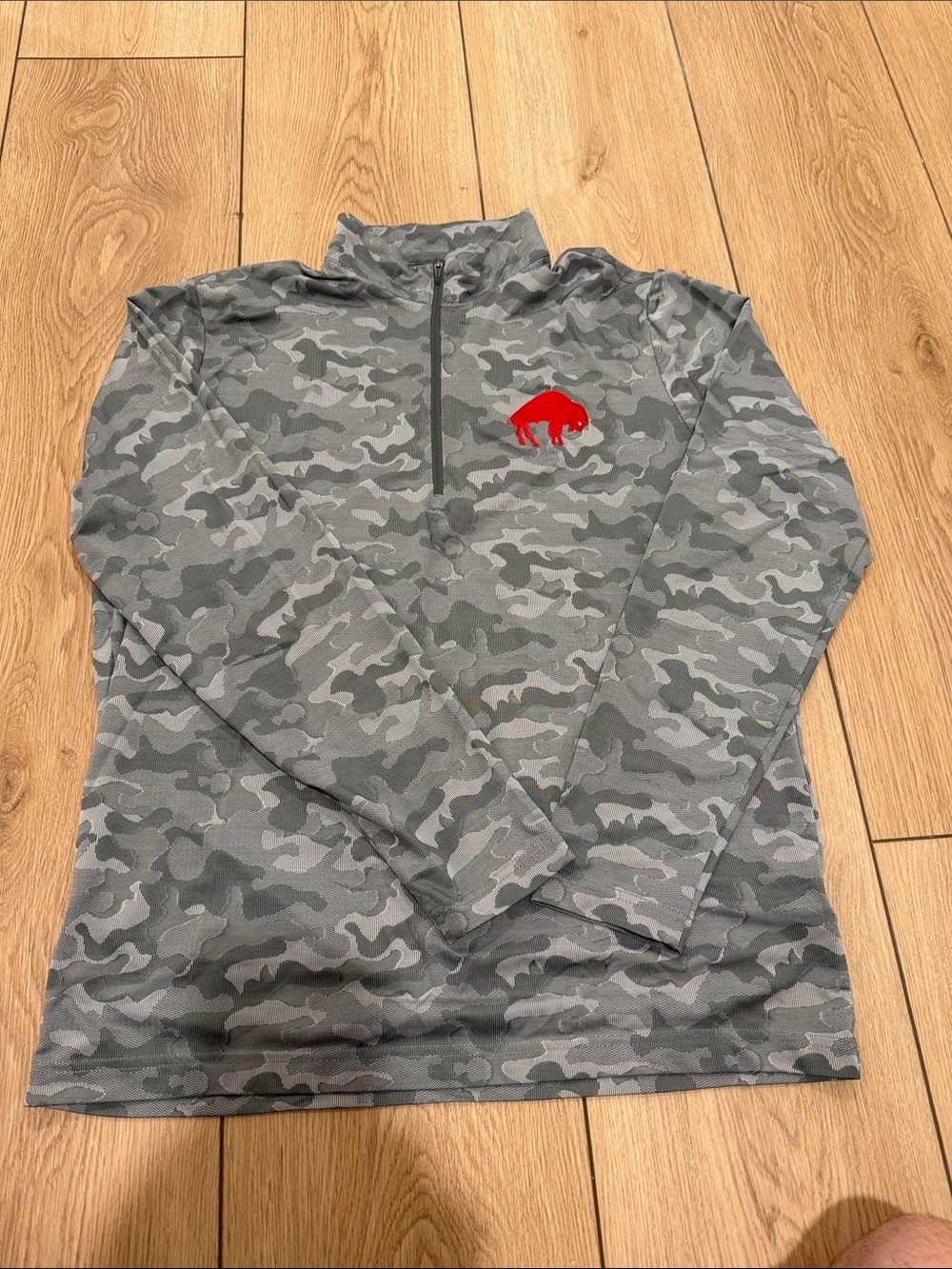 Antigua Gray Camouflage Quarter-Zip Pullover with Red Buffalo Bills Logo